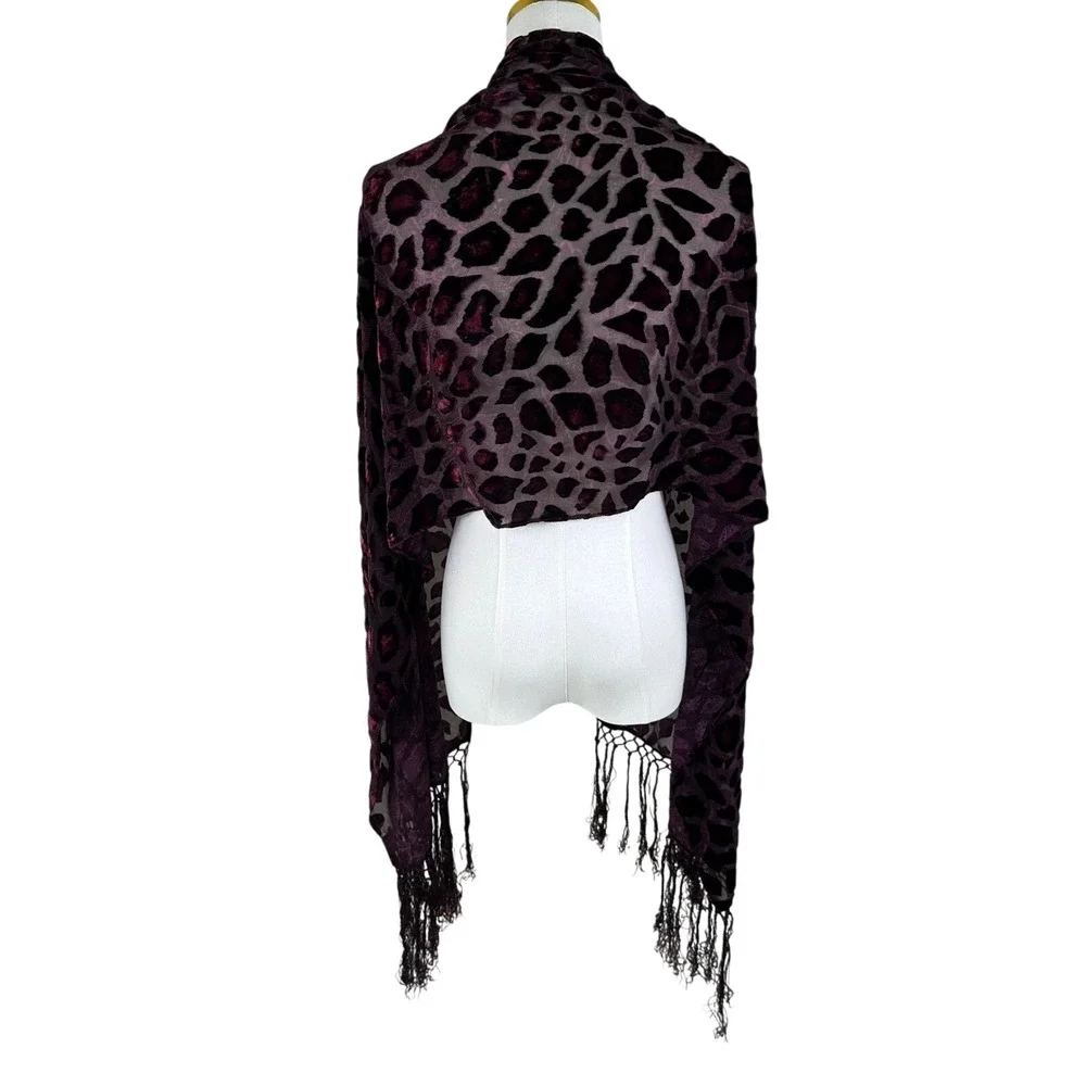 Scarf Women OS Burgundy Devore Burnout Velvet Leopard Print Fringe Wrap Mob Wife